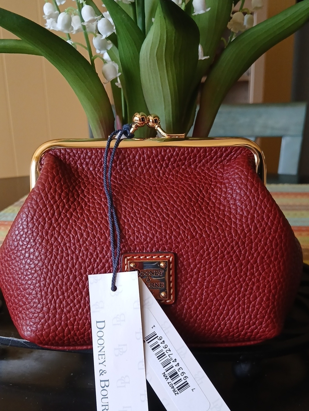 Dooney & Bourke Burgundy Pebbled Leather Kiss-Lock Clutch with Gold Frame